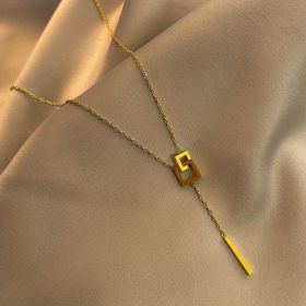 Simple Style Square Shape Buckle Long Pendant Clavicle Chain Necklace, 18K Gold Plated Golden Color Neck Jewelry For Women
