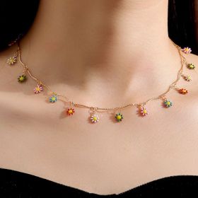 Colorful Tassel Charm Necklace Daisy Flower Beaded Charm Pendant Short Choker Chain Necklace Lovely Neck Jewelry Decor