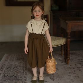 Anti Mosquito Pants Lace Vest T-shirt Suit Pure Cotton Casual Pants Top (Option: Coffee Green Strap Pants-90cm)