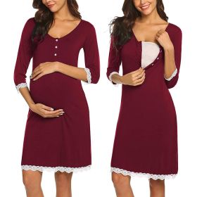 Pregnant Women Breastfeeding Five-point Sleeve Dress (Option: Red wine-S)
