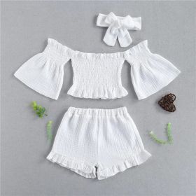 Summer Girls' Suit One-Shoulder Folds Flared Sleeve Shorts Three-Piece Shorts (Option: White-80cm)