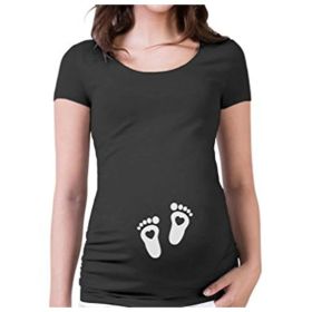 Women T-Shirts Slim Maternity Funny Letter Tops O-Neck Pregnancy Women (Option: Black footprints-XL)