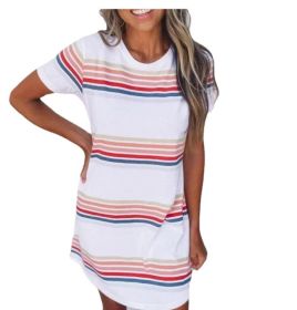 Women'S European And American Summer Color Striped Round Neck Dress Aliexpress Amazon Tt00567 (Option: S-Pink)