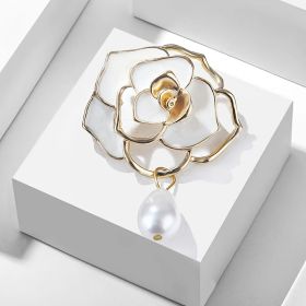Camellia Flower Brooch Pin For Women Girl Gifts White Enamel Flower With Simulated Pearl Pendant Fashion Costume Safety Pin Comfortable Dress Clo (Color: White)