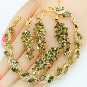 Luxury Green Peridot Gold Plated Jewelry Sets for Women Earrings Necklace Pendant Ring Bracelet Christmas Birthday Gift (Gem Color: 3pcs, Ring Size: 7)