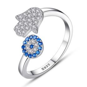 925 Sterling Silver Evil Eye Blue Eye Hamsa Hand Fatima Hand Adjustable Female Rings Open Size Ring Wedding Jewelry (Gem Color: White Gold Color, Ring Size: Resizable)