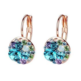 Multicolored Austrian Crystal Leverback Earrings for Women 14K Gold Plated Dangle Hoop Earrings Hypoallergenic Jewelry (Color: Blue Green Crystals/Rose Gold-tone)