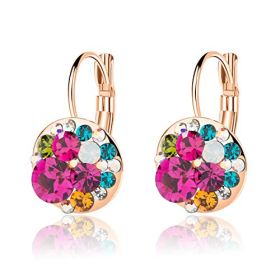 Multicolored Austrian Crystal Leverback Earrings for Women 14K Gold Plated Dangle Hoop Earrings Hypoallergenic Jewelry (Color: Rose Main Crystal/Rose Gold-tone)