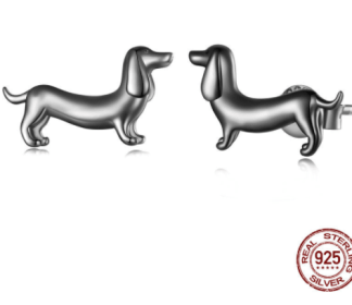 S925 Silver Sausage Dog Ear Stud And Ring Jewelry Set Cute Animal Argent Pur Adjustable Ring (Purity: S925, Color: Earringsblack)