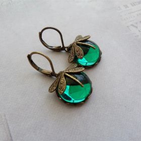 Fashion Jewelry Women's Earrings Hanging Vintage Dragonfly Pendant Earring Boho Chakra Blue Moonstone Drop Earrings For Women Wedding Charm Ethni (Color: Dark Green)