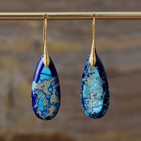 Bohemian Emperor Stone Water Drop Earrings Natural Stone Ornament Jewelry (Color: Blue Gold Ear Hook)