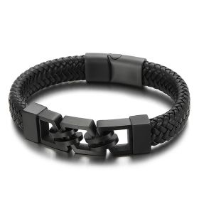 Stainless Steel Magnetic Buckle Leather Bracelet Jewelry (Color: Black)