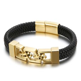 Stainless Steel Magnetic Buckle Leather Bracelet Jewelry (Color: Gold)