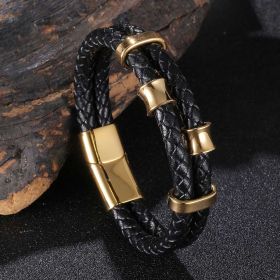 Leather Rope Stainless Steel Leather Braided Bracelet Genuine Leather Multilayer Jewelry Men's (Color: Gold, size: Inner ring 195mm)