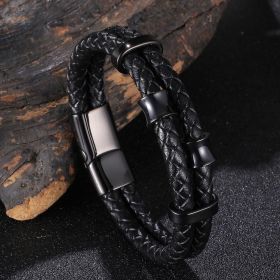 Leather Rope Stainless Steel Leather Braided Bracelet Genuine Leather Multilayer Jewelry Men's (Color: Black, size: Inner ring 205mm)