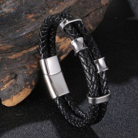 Leather Rope Stainless Steel Leather Braided Bracelet Genuine Leather Multilayer Jewelry Men's (Color: Silver, size: Inner ring 185mm)