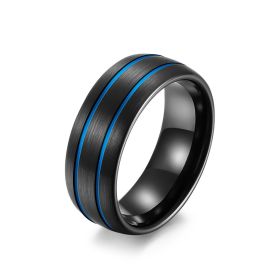 Tungsten Gold Ring Striped Tungsten Steel Brushed Jewelry (Color: Black and blue, size: 9)