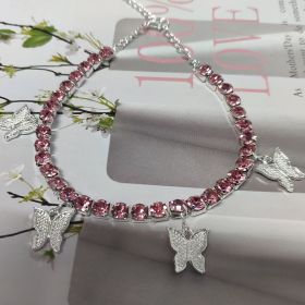 Micro-inlaid Full Diamond Butterfly Bracelet Natural Temperament Girl Advanced Crystal Ornament Bracelet (Color: Pink Diamond Silver Plated)