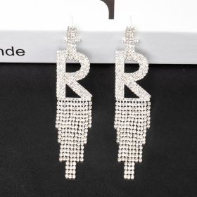 Fashion Jewelry 925 Silver Needle Ornaments Rhinestone Letter B Earrings Banquet Tassel Ear Ornaments Female (Color: Silver, style: R)