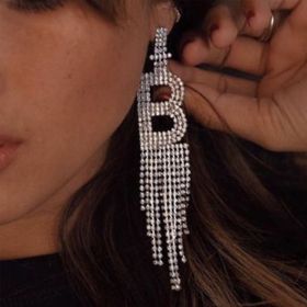 Fashion Jewelry 925 Silver Needle Ornaments Rhinestone Letter B Earrings Banquet Tassel Ear Ornaments Female (Color: Golden, style: Q)