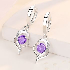 Long Fashion New Tide Heart-shaped Earrings White Copper Jewelry (Color: Purple diamonds)