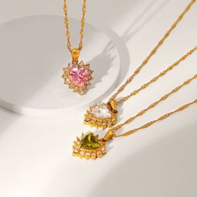 Women's Zircon Heart Necklace Stainless Steel Jewelry 18k Gold Chain Necklace Shiny Green/pink/white Pendant Necklace (select: JDN20750-green)