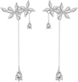 925 Sterling Silver CZ Flowers Wrap Earrings Dangle Chain for Women Elegant Bridal Earrings Wedding Engagement Drop Earrings (Color: A-Silver)
