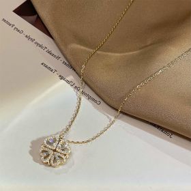 Retro Magnetic Folding Heart Shaped Four Leaf Clover Pendant Necklace Women Love Clavicle Chain Gifts Openable Choker Jewelry (Color: Gold, style: 1PC)