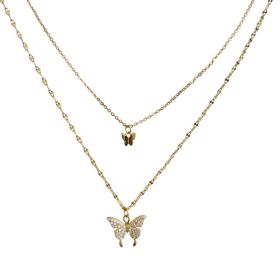 Fashion Jewelry Charm Women Alloy Rhinestone Butterfly Double Chain Necklace (Metal Color: gold color)