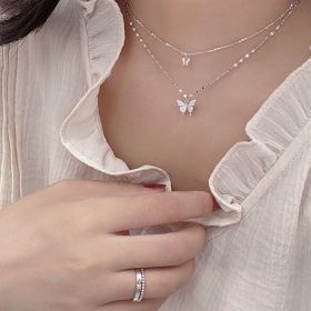 Fashion Jewelry Charm Women Alloy Rhinestone Butterfly Double Chain Necklace (Metal Color: silver color)